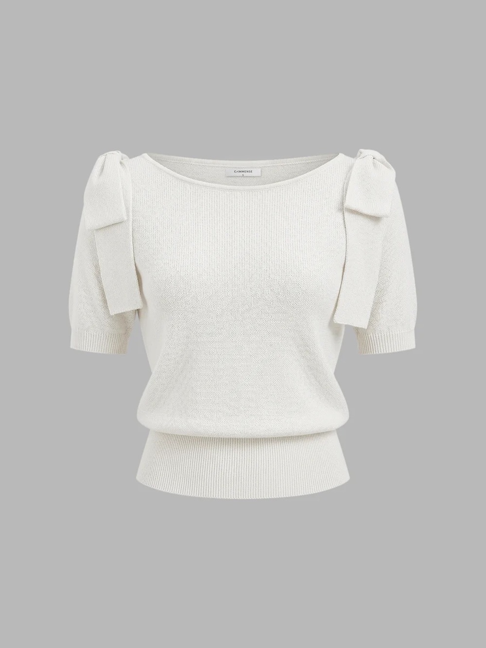 Commense Bow Shoulder Short Sleeve Knit Sweater